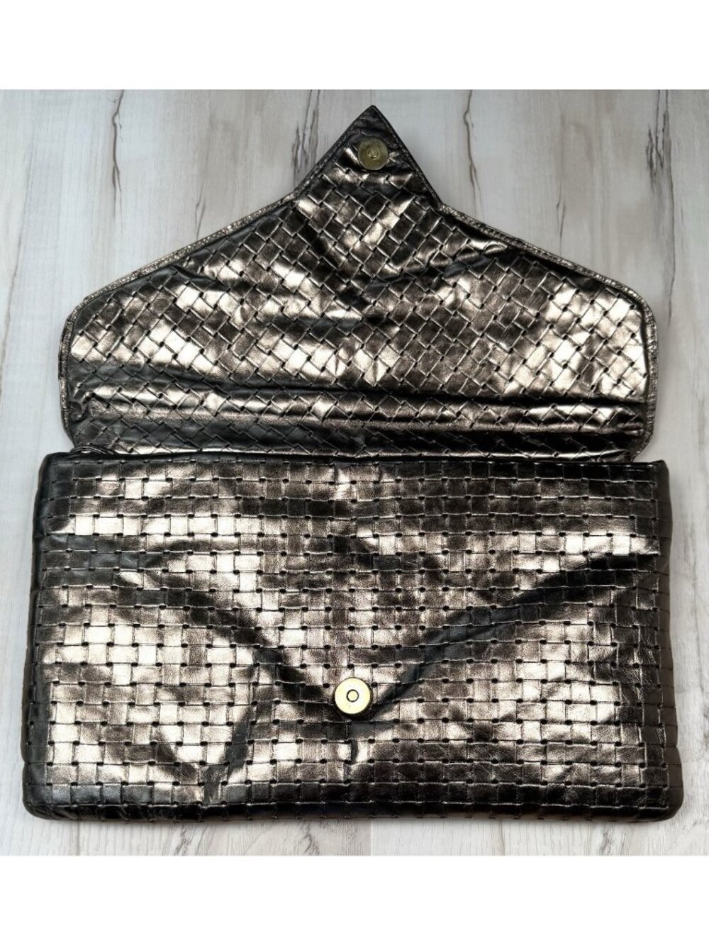 VTG 1980s 13.5"x8.5" Two-Tone Gold Leather Lattice Design CLUTCH Purse Strap USA - Picture 2 of 9